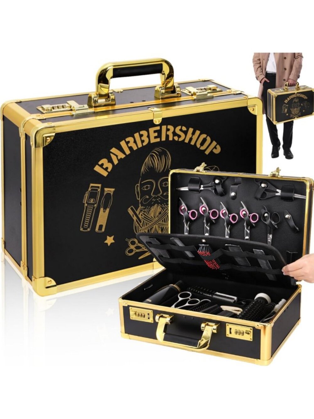 Portable 15.7” Barber Tool Organizer Case with Code Lock - Hair Stylist